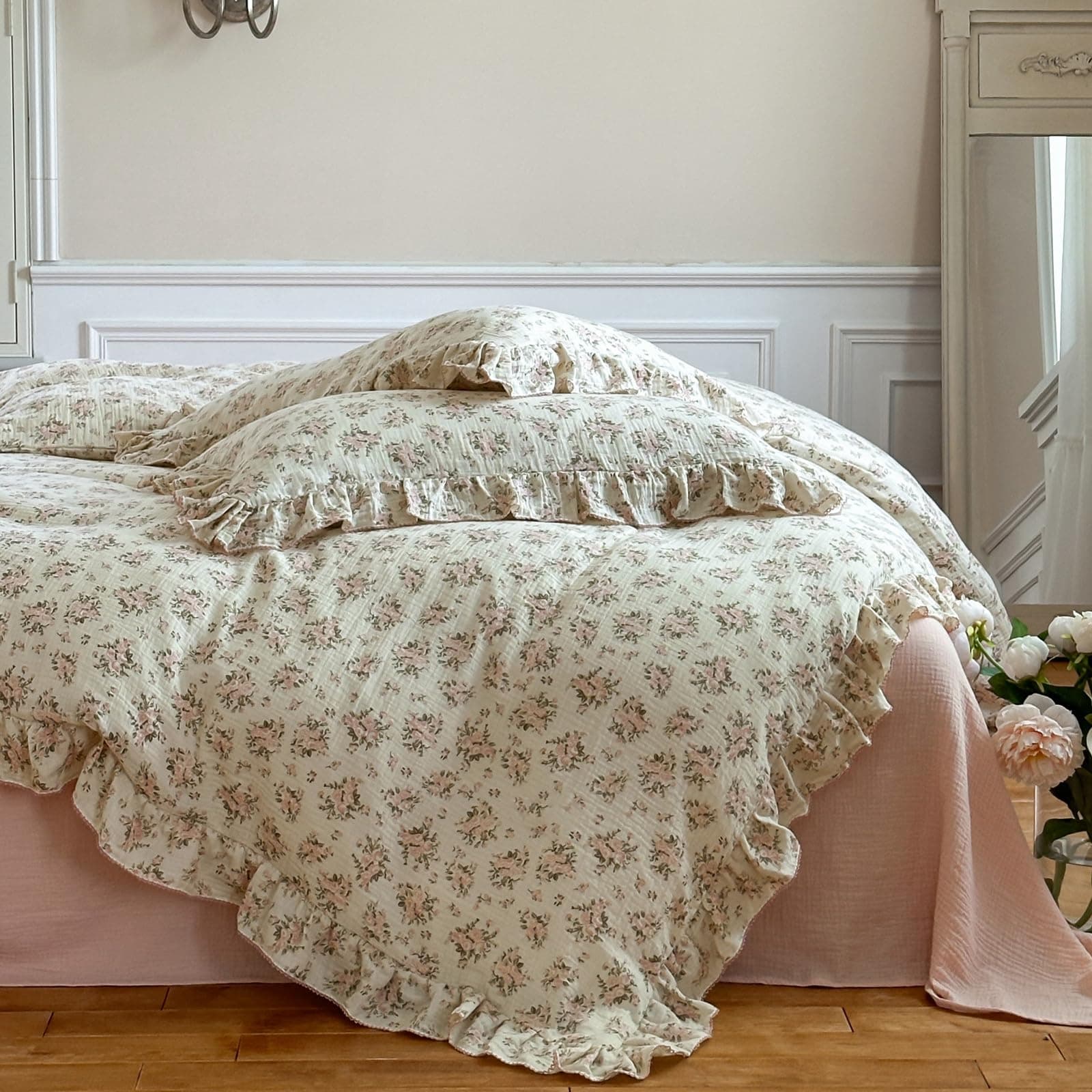 Vm Vougemarket Ruffle Duvet Cover Full Shabby Chic Pink Floral Bedding Setsoft - Thumbnail 3