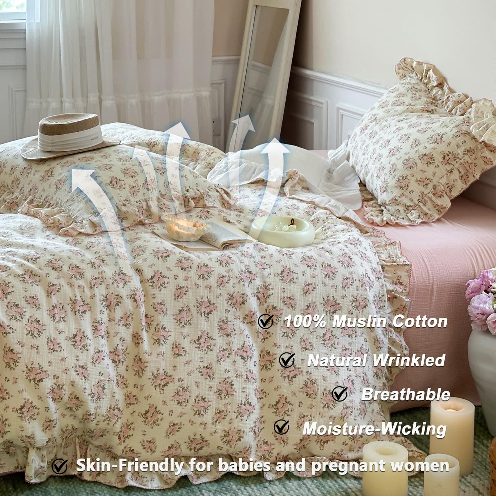 Vm Vougemarket Ruffle Duvet Cover Full Shabby Chic Pink Floral Bedding Setsoft - Thumbnail 2