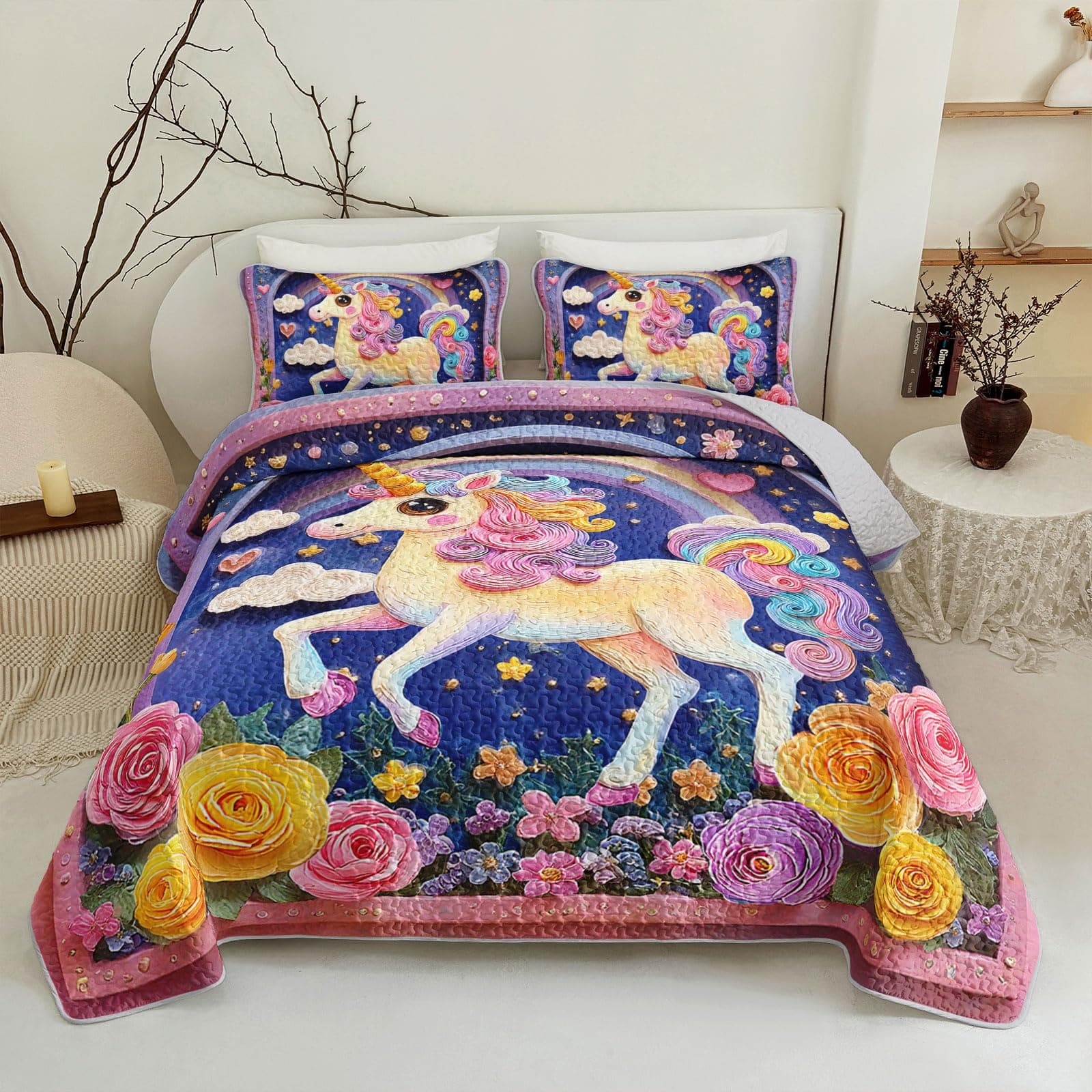Lneffble Rainbow Unicorn Prints Quilt Set Twin Size For Grilstwin Size Kids - Thumbnail 3
