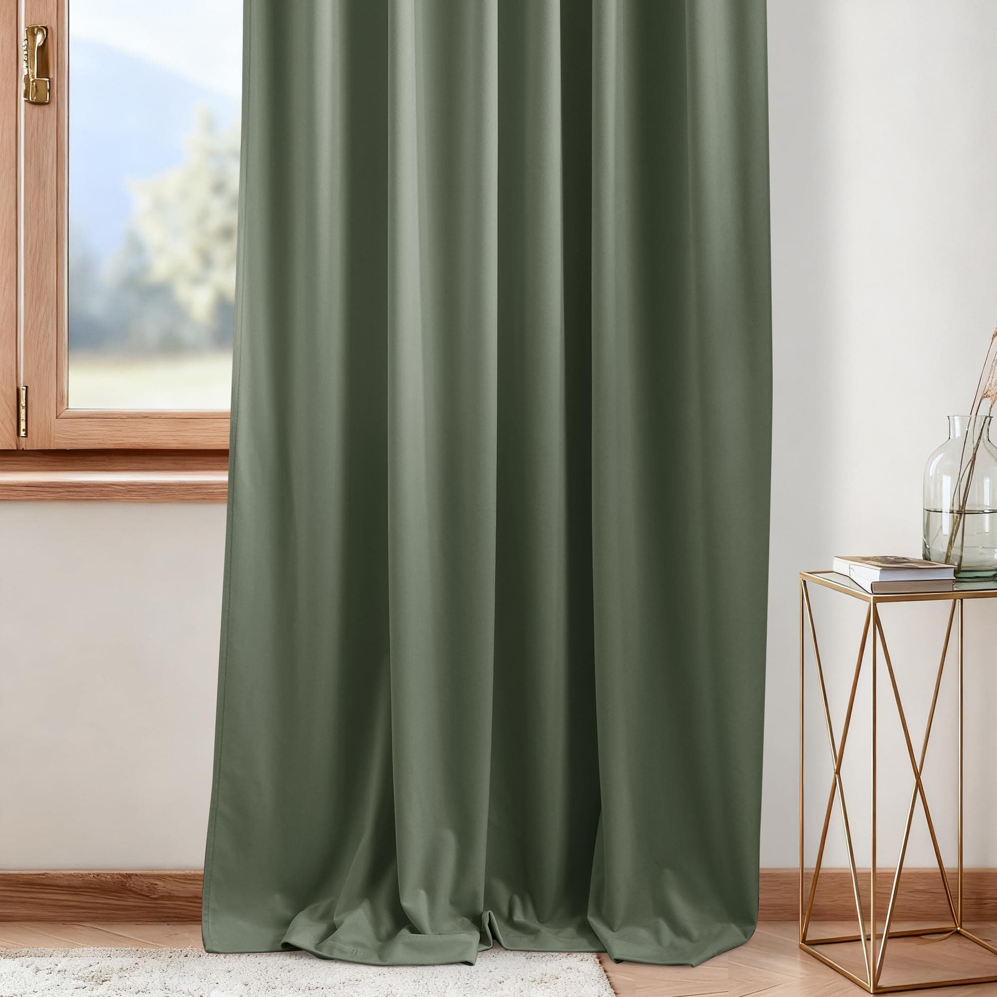 Nicetown Sage Green Velvet Curtains Drapes 108 Inch Long - Half Blackout - Thumbnail 7