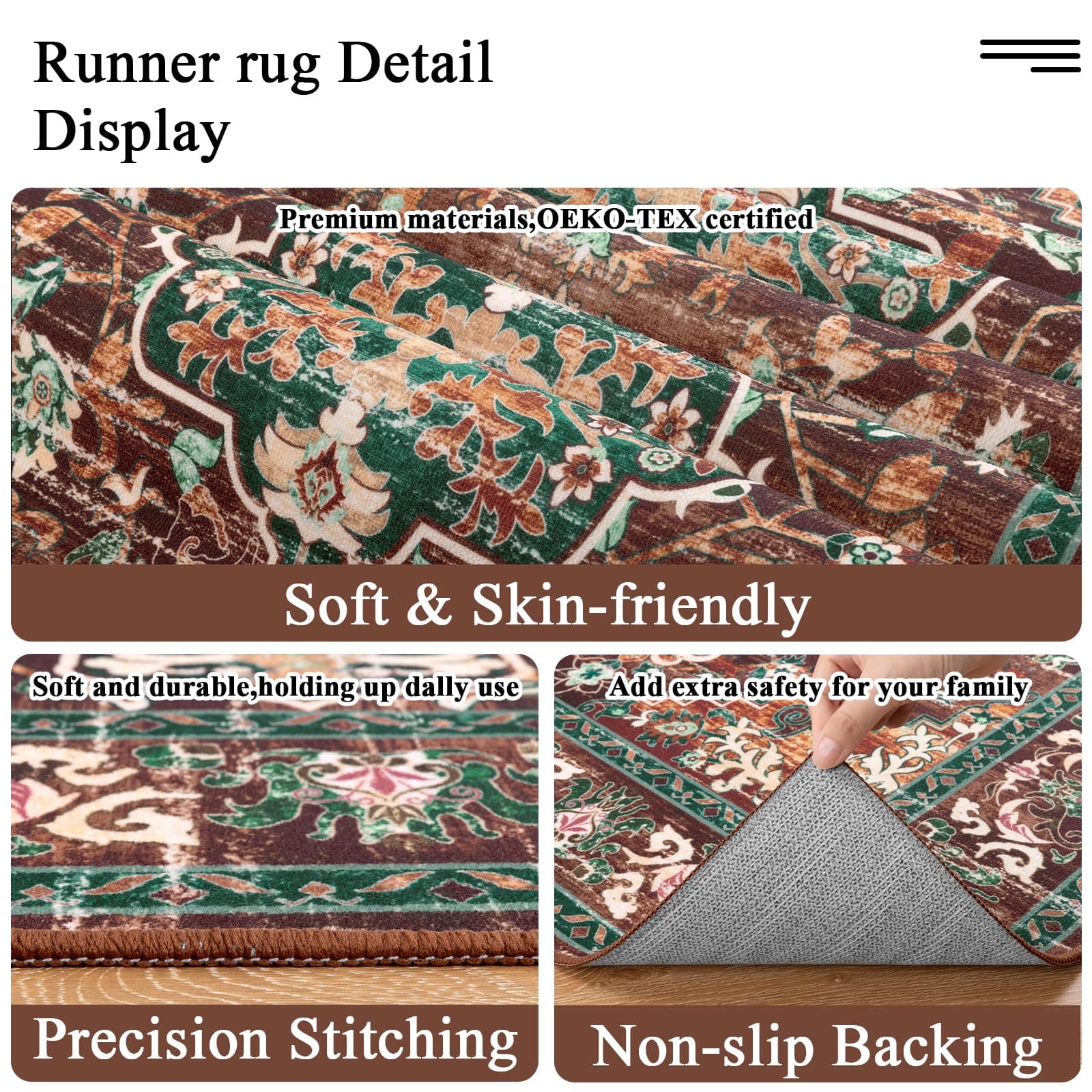U'Artlines Uartlines 3 X 16 Boho Hallway Runner Rug Rust Non Slip Washable - Thumbnail 2