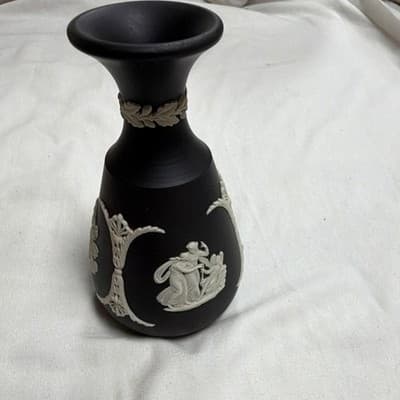 Wedgwood Black Basalt Greek Relief Small Bottle Vase Ceramic Matte Greek Figures - Thumbnail 2