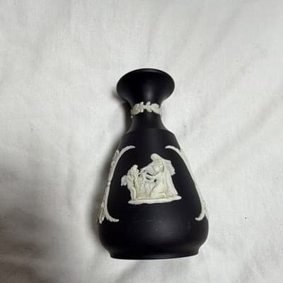 Wedgwood Black Jasperware Vase White Classical Figures Matte, Made in England - Thumbnail 2
