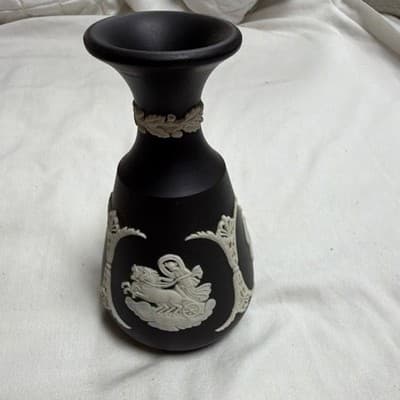 Wedgwood Black Basalt Greek Relief Small Bottle Vase Ceramic Matte Greek Figures - Thumbnail 3