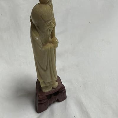 Chinese Carved Figure Statue on Wooden Stand - Light Green Figurine, Brown Base - Thumbnail 5
