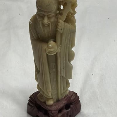 Chinese Carved Figure Statue on Wooden Stand - Light Green Figurine, Brown Base - Thumbnail 2