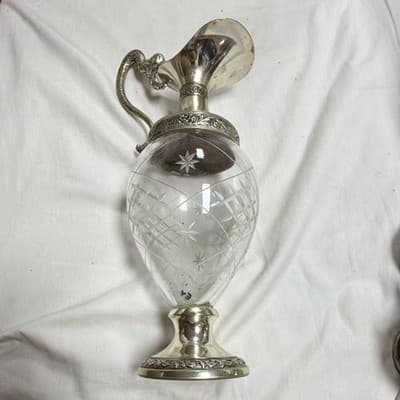 Made in Italy Victorian Silverplate Pitcher w/ Etched Cut Glass & Ornate Handle - Thumbnail 4