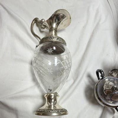 Made in Italy Victorian Silverplate Pitcher w/ Etched Cut Glass & Ornate Handle - Thumbnail 3
