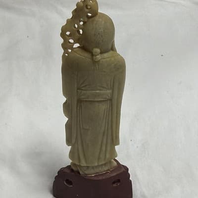 Chinese Carved Figure Statue on Wooden Stand - Light Green Figurine, Brown Base - Thumbnail 3
