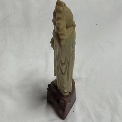 Chinese Carved Figure Statue on Wooden Stand - Light Green Figurine, Brown Base - Thumbnail 4