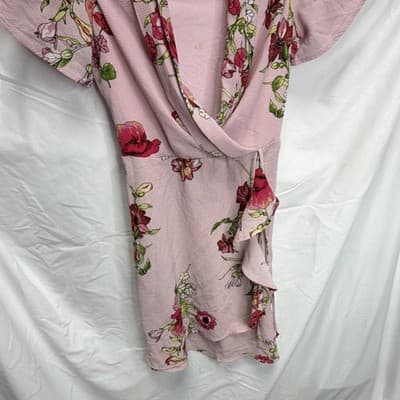 Monteau Women's Pink Floral Wrap Midi Dress Cowl Neck Ruffle Short Sleeve L - Thumbnail 2