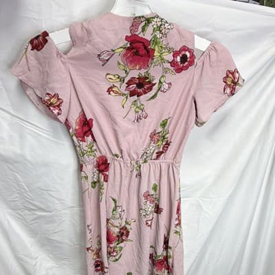 Monteau Women's Pink Floral Wrap Midi Dress Cowl Neck Ruffle Short Sleeve L - Thumbnail 4