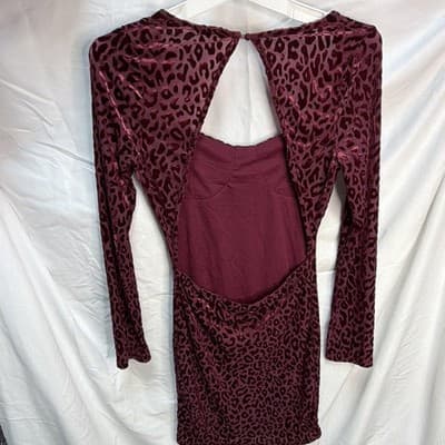 Endless Blu Women's Burgundy Animal Print Velvet Cut-Out Bodycon Mini Dress S - Thumbnail 3