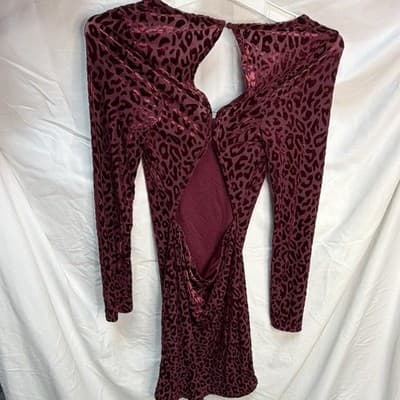 Endless Blu Women's Burgundy Animal Print Velvet Cut-Out Bodycon Mini Dress S - Thumbnail 2
