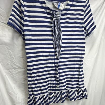 Britland Women's Blue White Striped Knit V-Neck Short Sleeve Tie-Front Tee M - Thumbnail 2