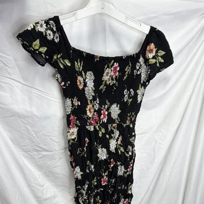 Xhilaration Women's Black Floral Smocked Square Neck Flutter Sleeve Dress S - Thumbnail 2