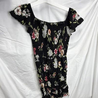 Xhilaration Women's Black Floral Smocked Square Neck Flutter Sleeve Dress S - Thumbnail 4