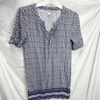 Old Navy Women's Blue White Geometric Ruffle V-Neck Short Sleeve Blouse XS - Thumbnail 3