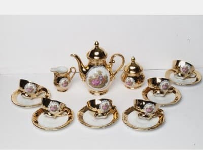 Gold White Porcelain Romantic Pictorial 15pc Tea Set Teapot 6 Cups Saucers - Thumbnail 5