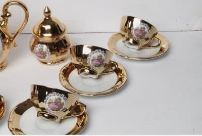 Gold White Porcelain Romantic Pictorial 15pc Tea Set Teapot 6 Cups Saucers - Thumbnail 3