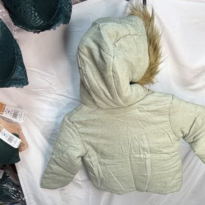 7 For All Mankind Girls 4T Light Olive Hooded Puffer Jacket Faux Fur Trim - Thumbnail 4