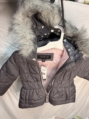 WEATHERTAMER Girls Grey Puffer Jacket Hooded Fur Trim Size 5/6 Polyester - Thumbnail 2