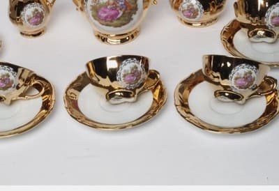 Gold White Porcelain Romantic Pictorial 15pc Tea Set Teapot 6 Cups Saucers - Thumbnail 4