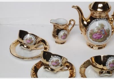 Gold White Porcelain Romantic Pictorial 15pc Tea Set Teapot 6 Cups Saucers - Thumbnail 2