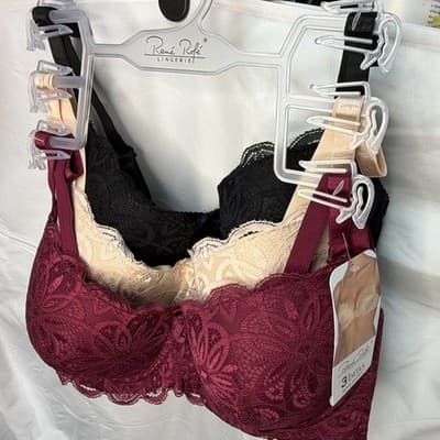 René Rofé Lingerie 3-Pack Lace Floral Underwire Bras 34C Burgundy Beige Black - Thumbnail 2
