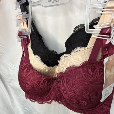 René Rofé Lingerie 3-Pack Lace Floral Underwire Bras 34C Burgundy Beige Black - Thumbnail 3