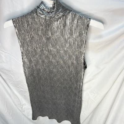 Allison Taylor Women's Silver Metallic Pleated Knit V-Neck Sleeveless Top S - Thumbnail 5