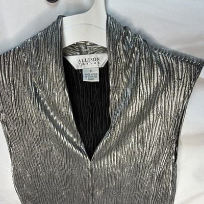 Allison Taylor Women's Silver Metallic Pleated Knit V-Neck Sleeveless Top S - Thumbnail 4
