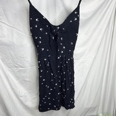 Purple Snow Black/White Bird Print Tie Front V-Neck Strappy Romper M - Thumbnail 2