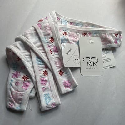 2 René Rofé Women's Thong Panties M White/Pink/Blue Snowflake Christmas MPN - Thumbnail 3
