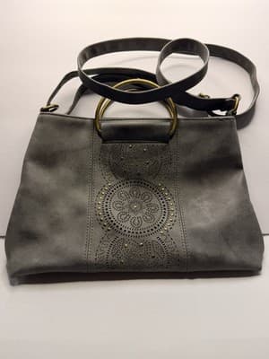 Gray Medium Satchel Bag w/ Gold Ring Handle Studded Cutout Magnetic Closure - Thumbnail 2