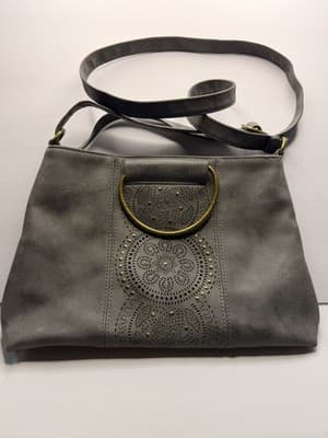 Gray Medium Satchel Bag w/ Gold Ring Handle Studded Cutout Magnetic Closure