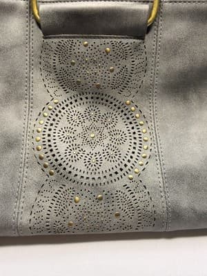 Gray Medium Satchel Bag w/ Gold Ring Handle Studded Cutout Magnetic Closure - Thumbnail 3