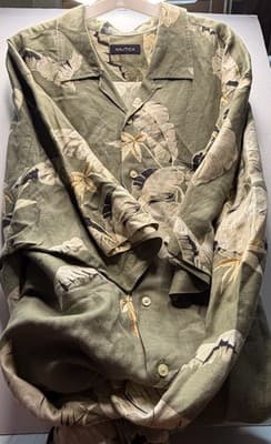 Nautica Men’s XXL Green Floral Long Sleeve Button-Up Linen Rayon Spread Collar - Thumbnail 2