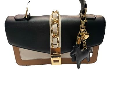 ALDO Colorblock Satchel Top Handle Bag Black Beige White Gold Chain Lock Medium - Thumbnail 10