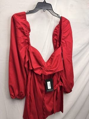 PLT Plus Red Bodycon Dress – Ruched Cut-Out with Balloon Sleeves SIZE 18