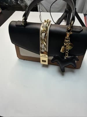 ALDO Colorblock Satchel Top Handle Bag Black Beige White Gold Chain Lock Medium - Thumbnail 11