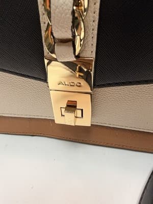 ALDO Colorblock Satchel Top Handle Bag Black Beige White Gold Chain Lock Medium - Thumbnail 2