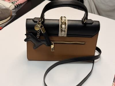 ALDO Colorblock Satchel Top Handle Bag Black Beige White Gold Chain Lock Medium - Thumbnail 8