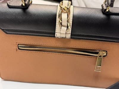 ALDO Colorblock Satchel Top Handle Bag Black Beige White Gold Chain Lock Medium - Thumbnail 7