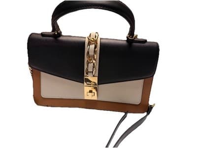 ALDO Colorblock Satchel Top Handle Bag Black Beige White Gold Chain Lock Medium