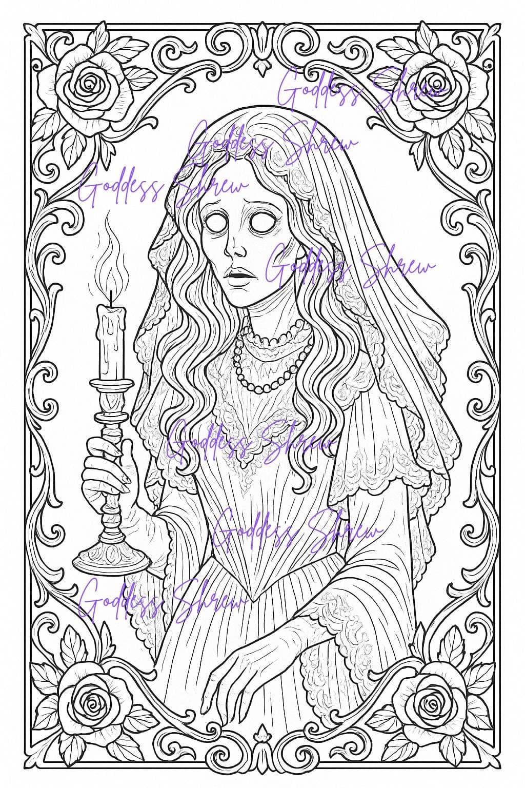 Gothic Horror Coloring Book - Goddess Shrew, 30 Printable Pages (Digital Download) - Thumbnail 3