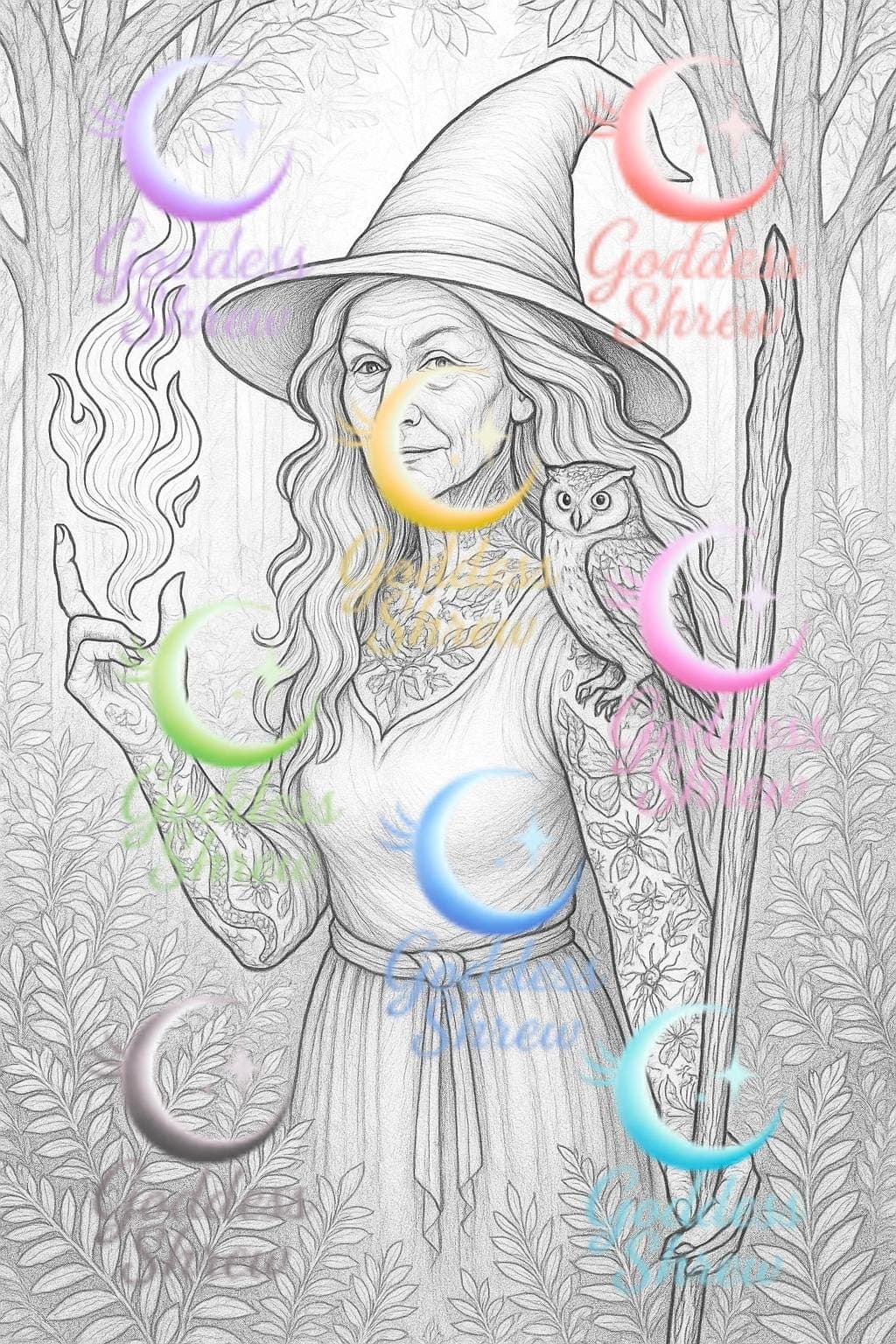 Celestial Witch Coloring Book | Adult Fantasy Art (Digital Download PDF) - Thumbnail 3