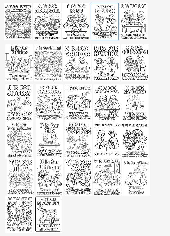 ABCs of Drugs Coloring Book Volume2 Printable Adult Page Dark Humor Instant Download PDF - Thumbnail 2