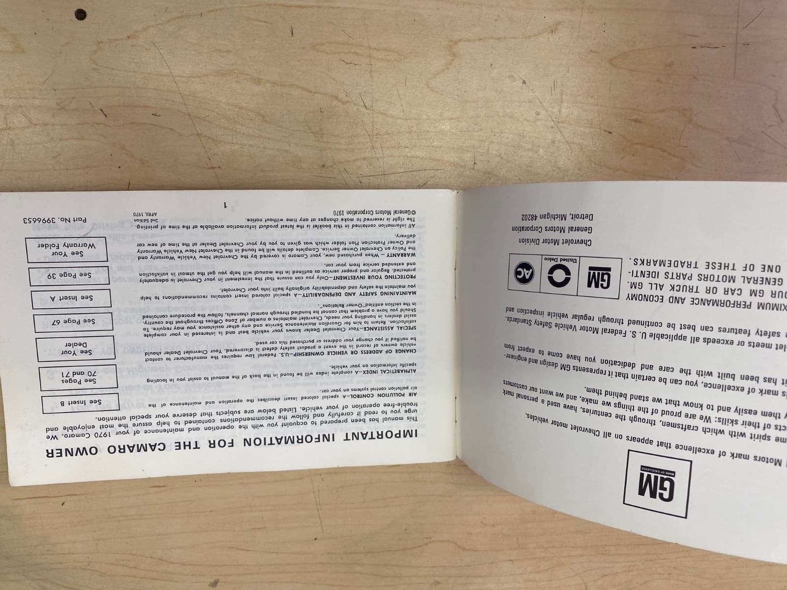 1970 Chevrolet Camaro Owner's Manual ORIGINAL VTG - Thumbnail 2