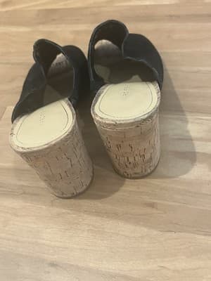Marc FIsher Pomme Suede Leather Mule 7,5M Black Scalloped 3.5" Block Cork Heels - Thumbnail 4